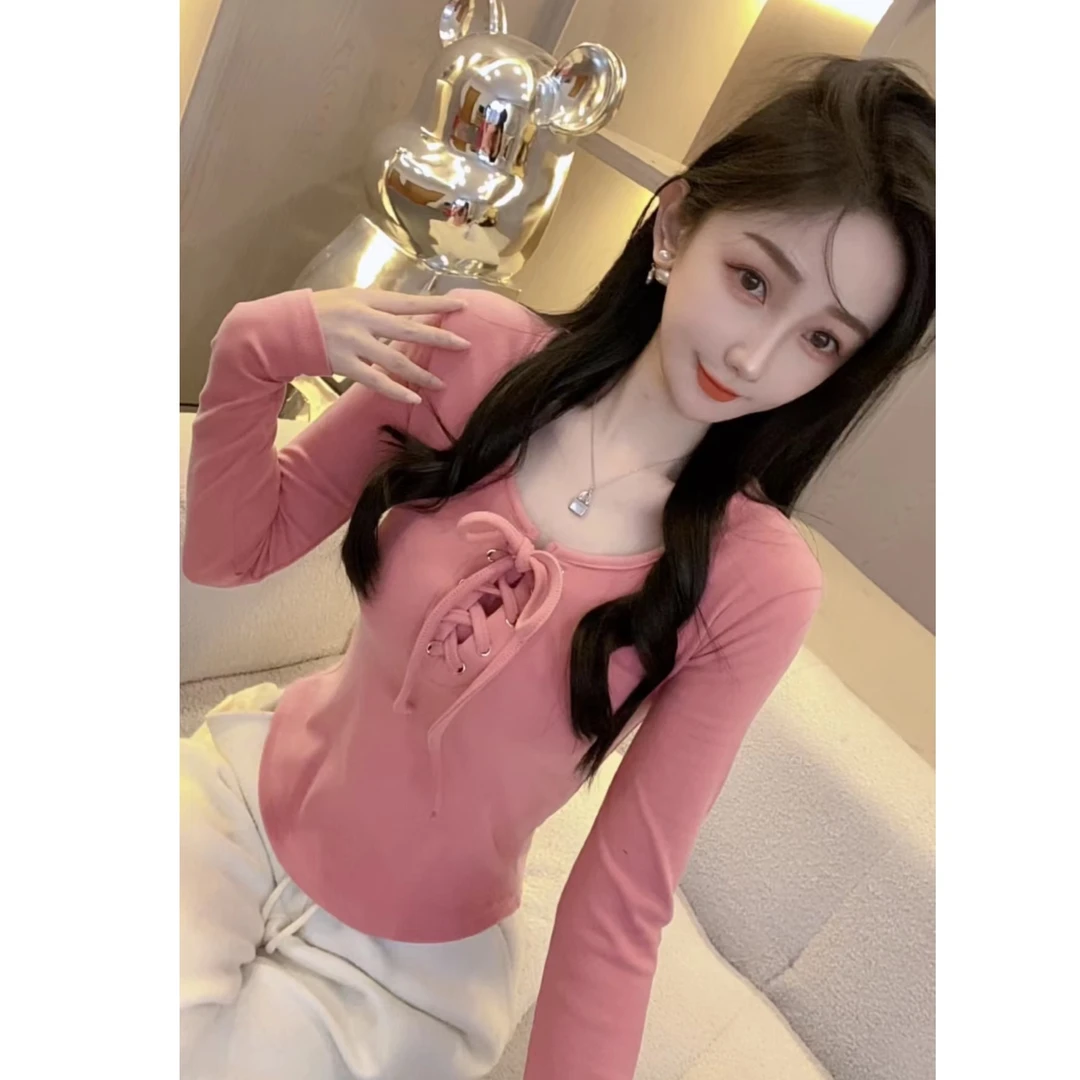 【可馨271不起球性感绑绳子】加厚德绒T恤女长袖性感修身