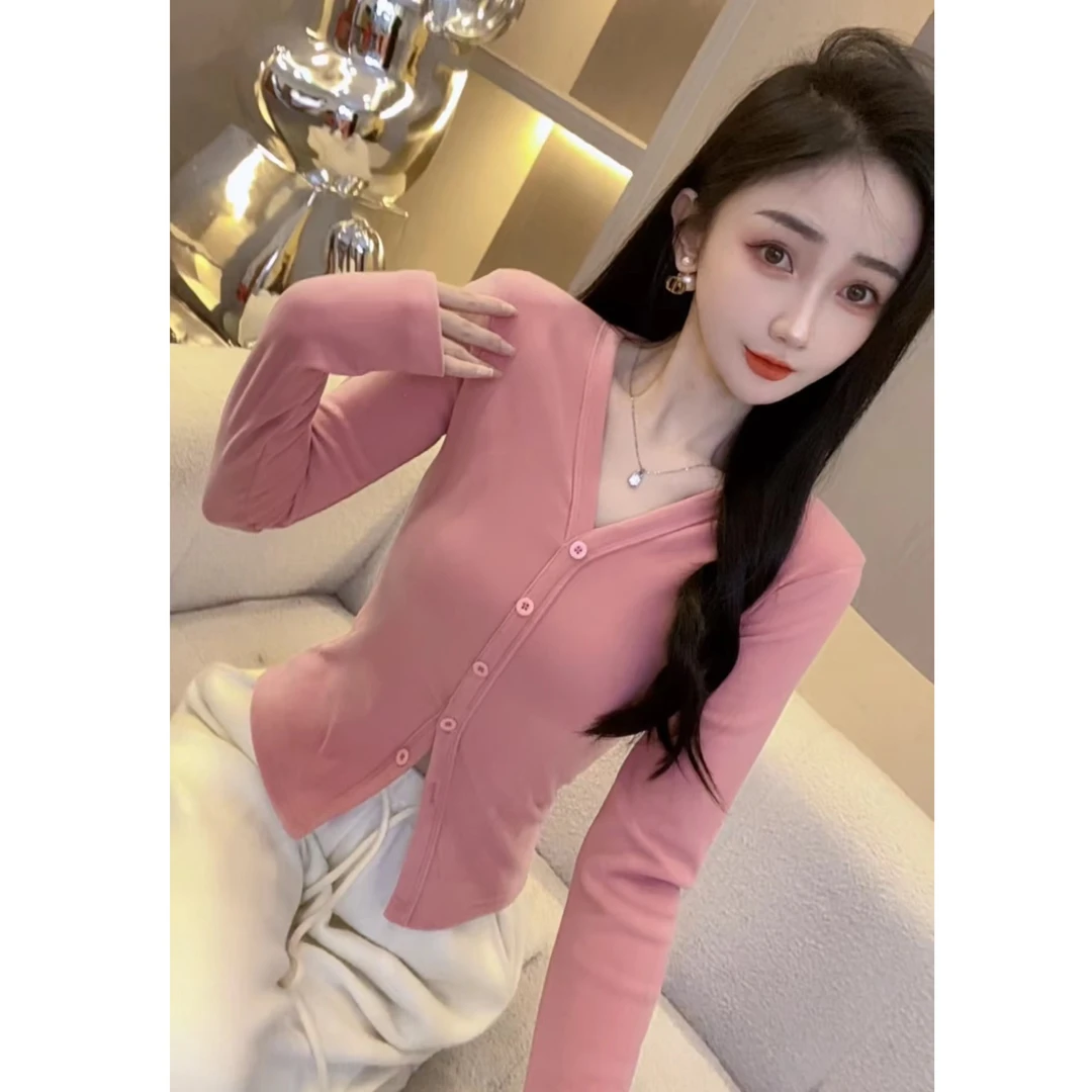 【可馨263不起球假开衫扣子】加厚德绒T恤女长袖性感修身