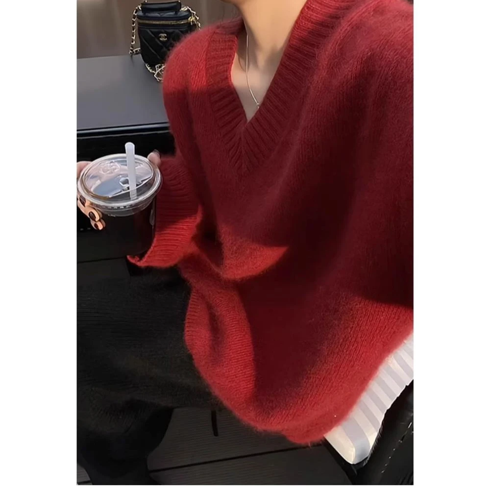 秋冬100%纯羊毛加厚宽松毛针织衫长袖毛衣上衣V领秋冬时尚打底