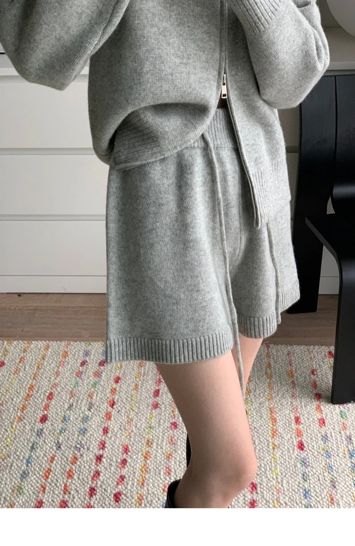 2024秋冬全羊毛女休闲裤阔腿短裤基础款简约松紧腰阔百搭抽绳打底