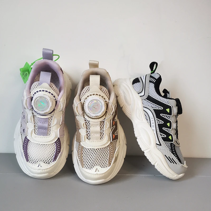 春夏季男童女童单网鞋子6-12岁潮款超轻纽扣女大童透气网面运动鞋