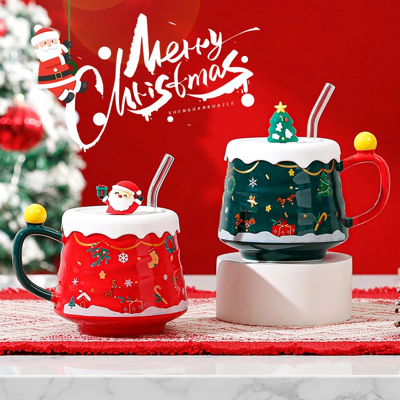 圣诞节礼盒杯陶瓷可爱马克杯硅胶盖玻璃吸管高颜值礼品圣诞节送礼