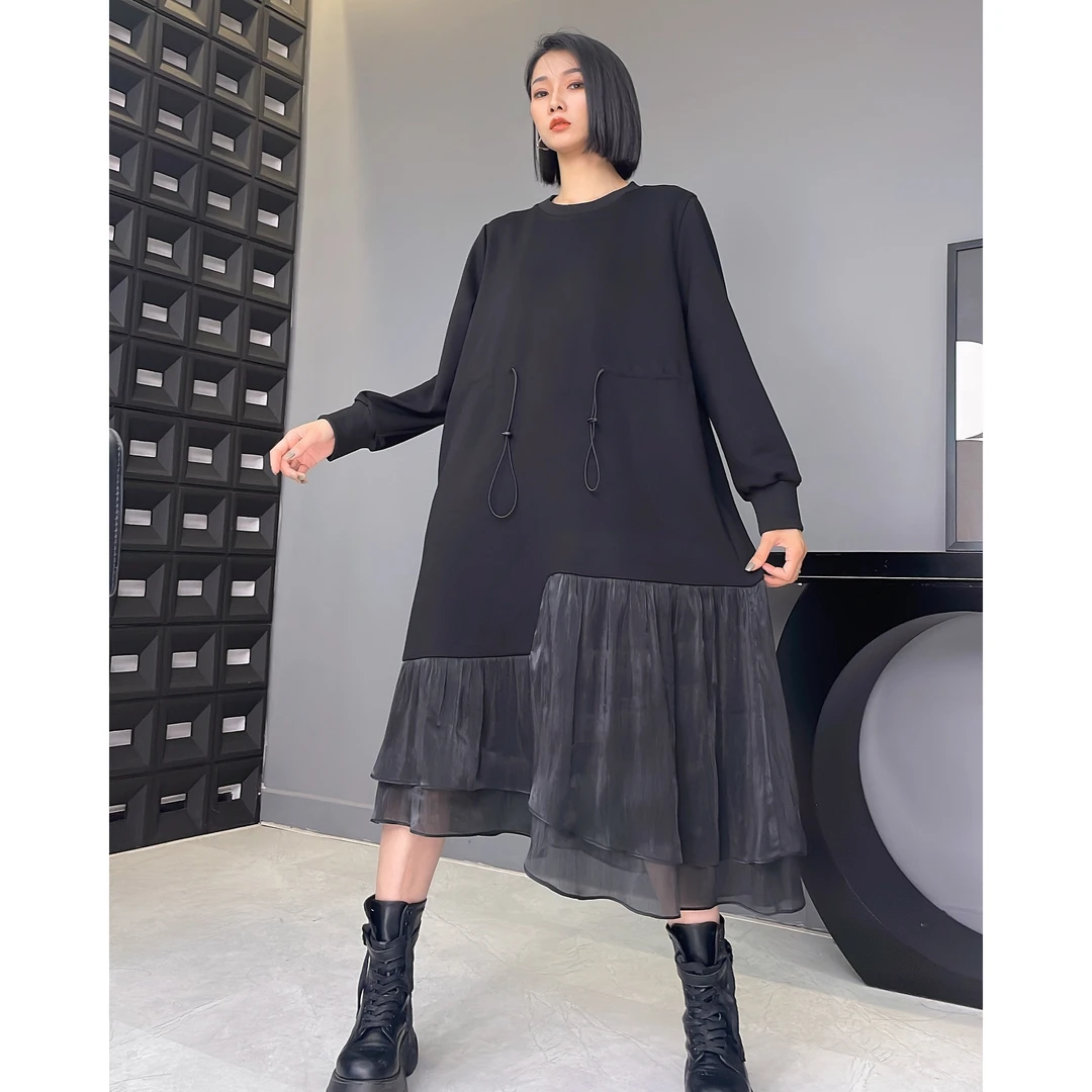 重工设计2023新款休闲裙子宽松显瘦网纱拼接长袖秋季连衣裙女543