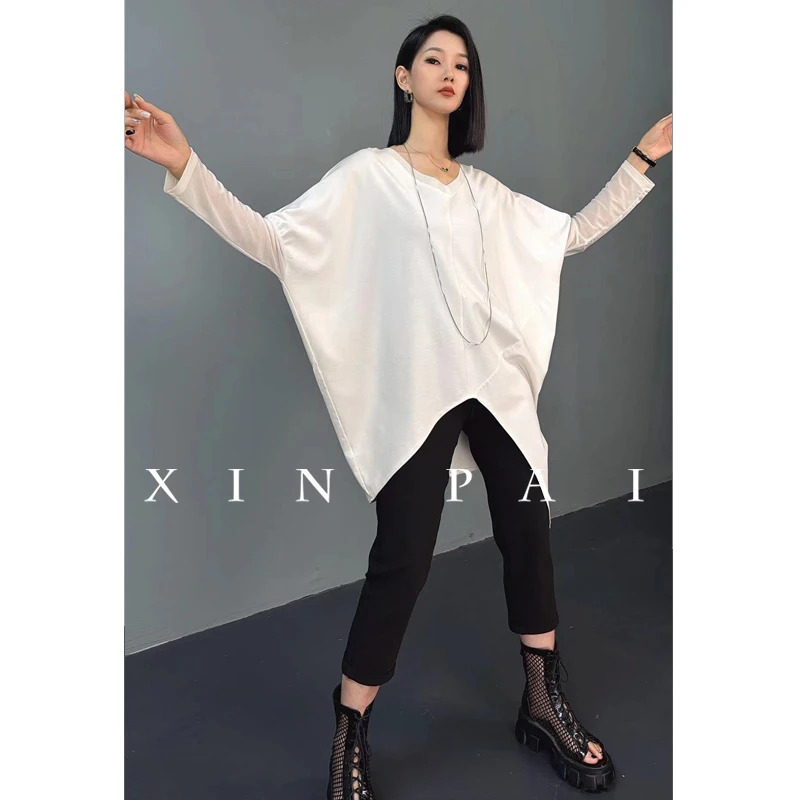 2023春夏装新款宽松显瘦气质拼接上衣不规则个性设计感t恤女8011