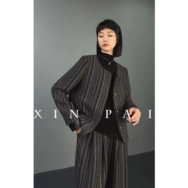 鑫鑫原创2024秋季新款复古条纹毛呢显瘦时尚百搭气质外套1682