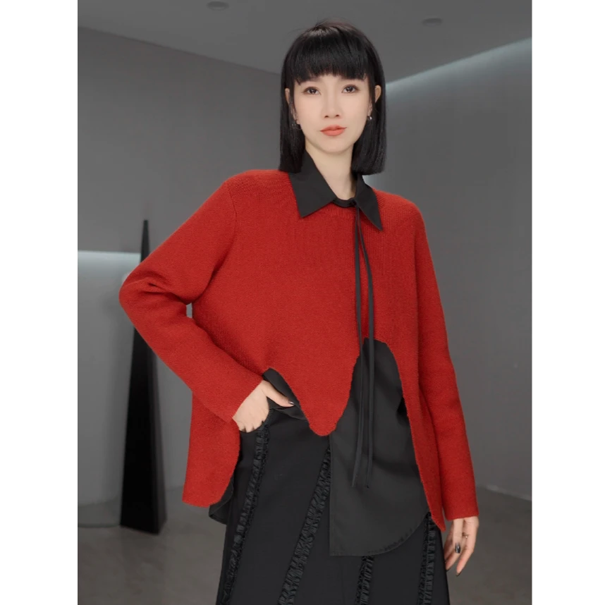 鑫鑫2024秋冬季新款毛衣小众设计感不规则长袖显瘦圆领叠穿上衣