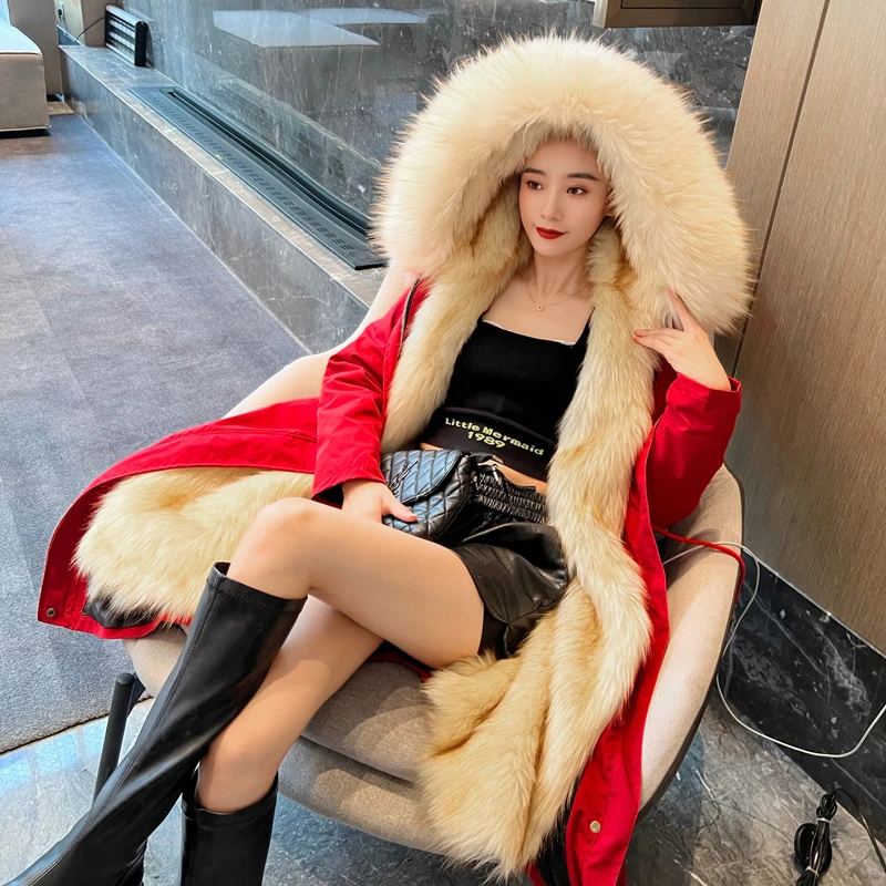 新款派克服女冬季可拆卸仿狐狸毛内胆中长款海宁皮草外套加厚大衣