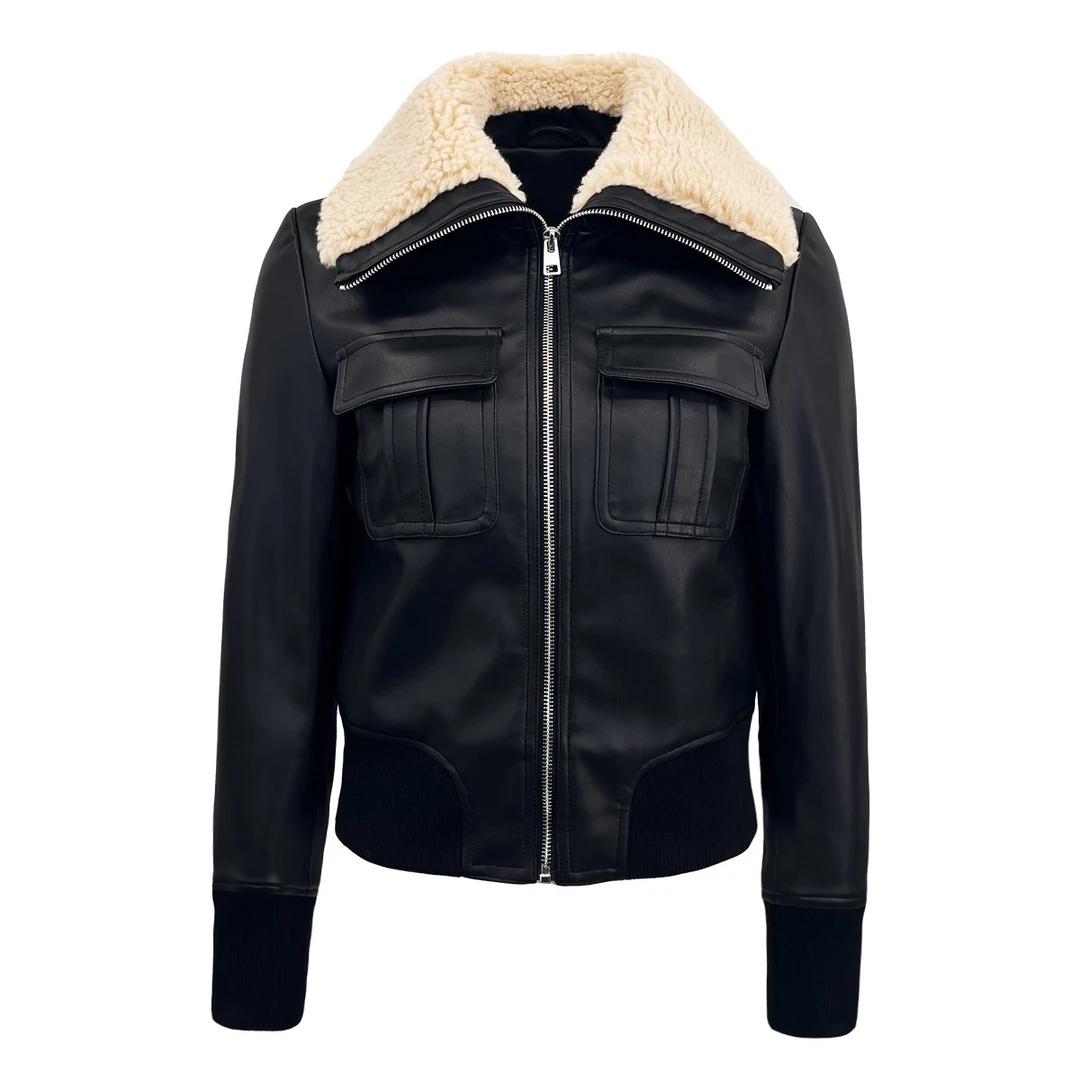 加绒皮衣修身显瘦毛毛领秋冬皮外套短款时尚休闲百搭女士黑色翻领