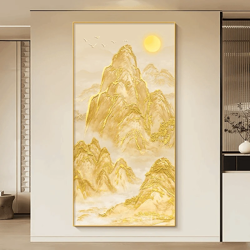 日照金山玄关装饰画现代简约轻奢金箔楼梯间挂画背有靠山客厅壁画