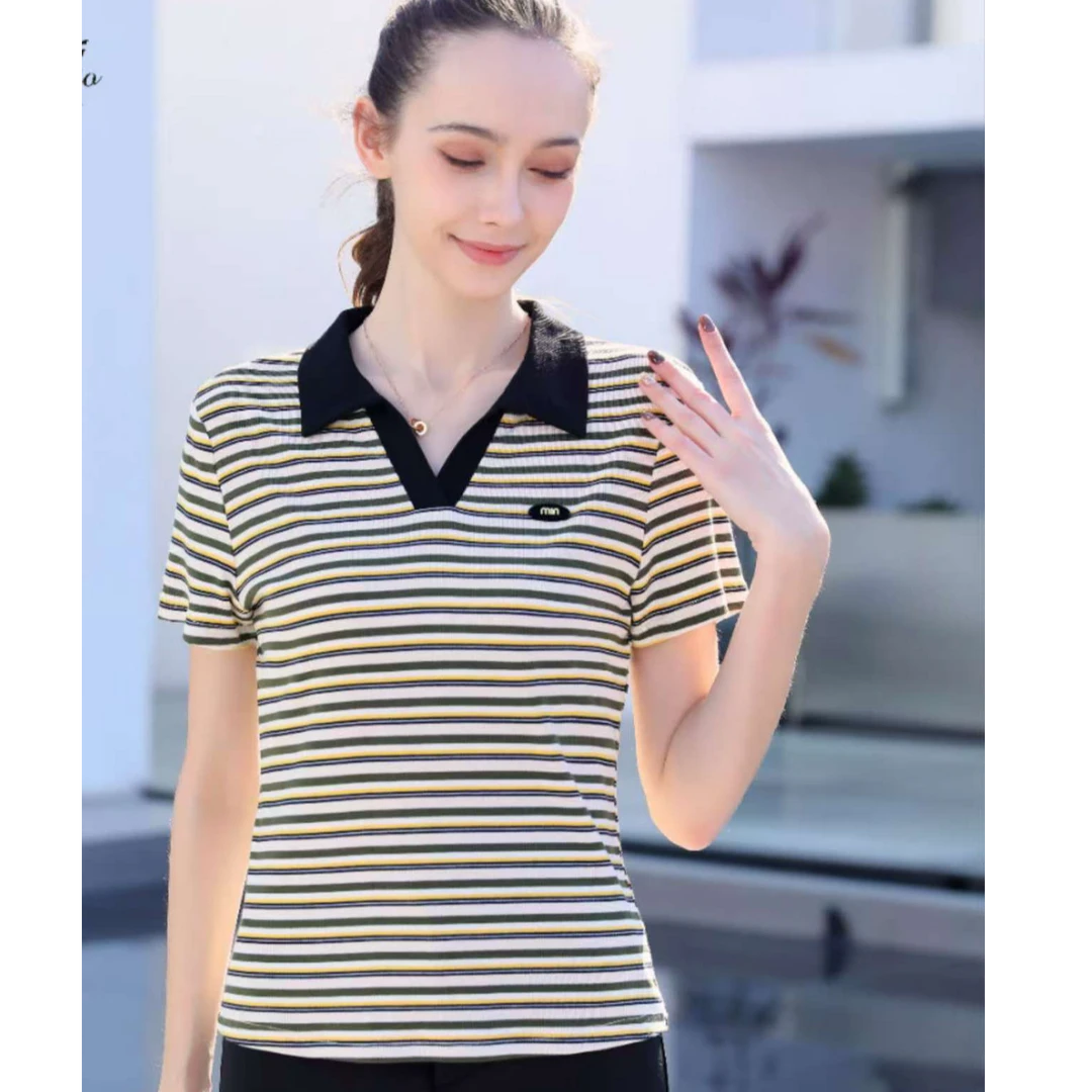 夏季休闲女士T恤显瘦透气吸汗百搭POLO衫翻领宽松显瘦百搭条纹399