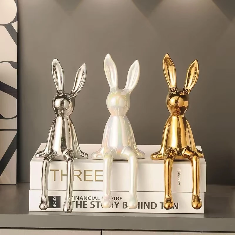 轻奢电镀陶瓷长耳兔套装入户玄关摆设酒柜电视柜客厅装饰品