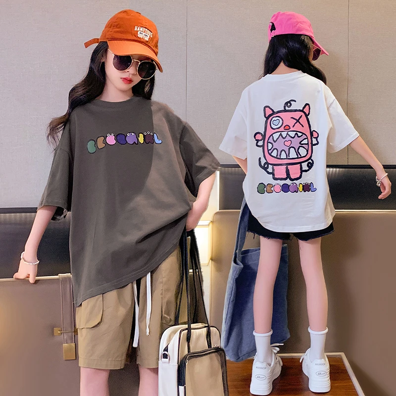 贝尔熊女童短袖T恤纯棉夏季新款儿童洋气女孩时尚大童半袖上衣