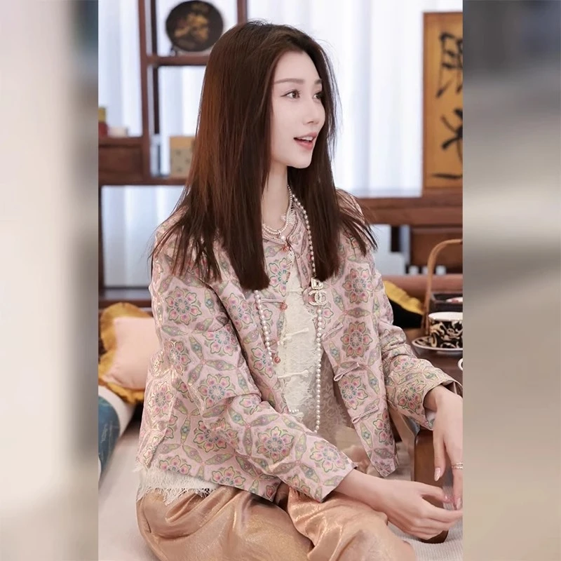 新中式国风复古粉色宋锦外套女初春2024新款高级感小个子唐装上衣