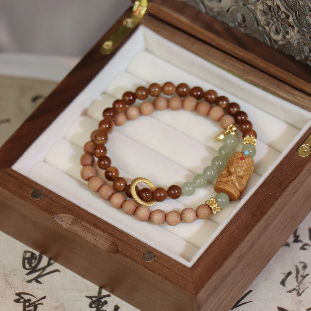 老山扎基 双圈檀木手串 新中式国风手串 天然原木木质精雕 3068