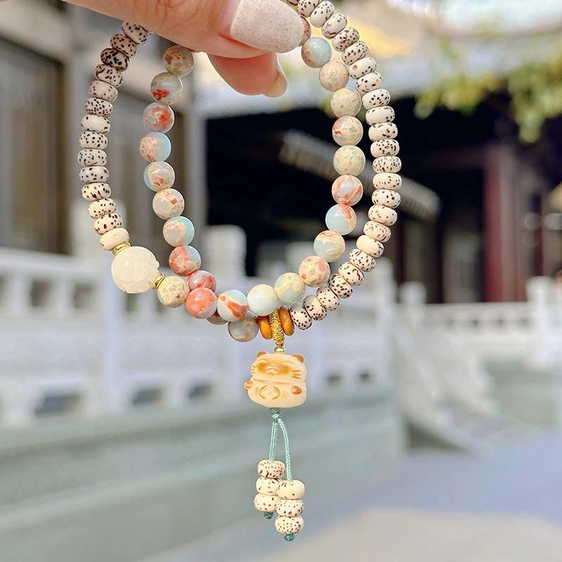 【猫咪菩提】星月寿山石莲花 双圈 新中式国风手串 3055