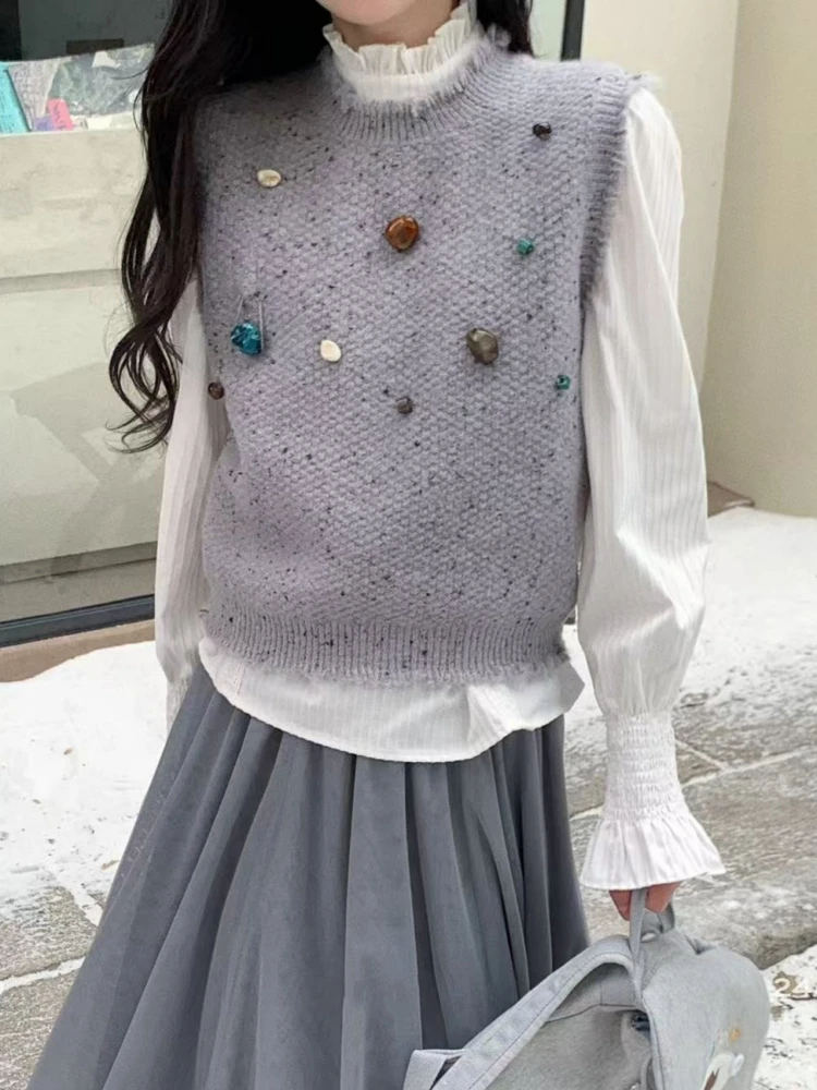 【济州岛】毛边设计感 彩色石头装饰针织毛线马甲