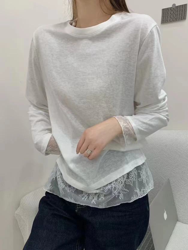 【济州岛】蕾丝拼接 圆领长袖打底衫9753