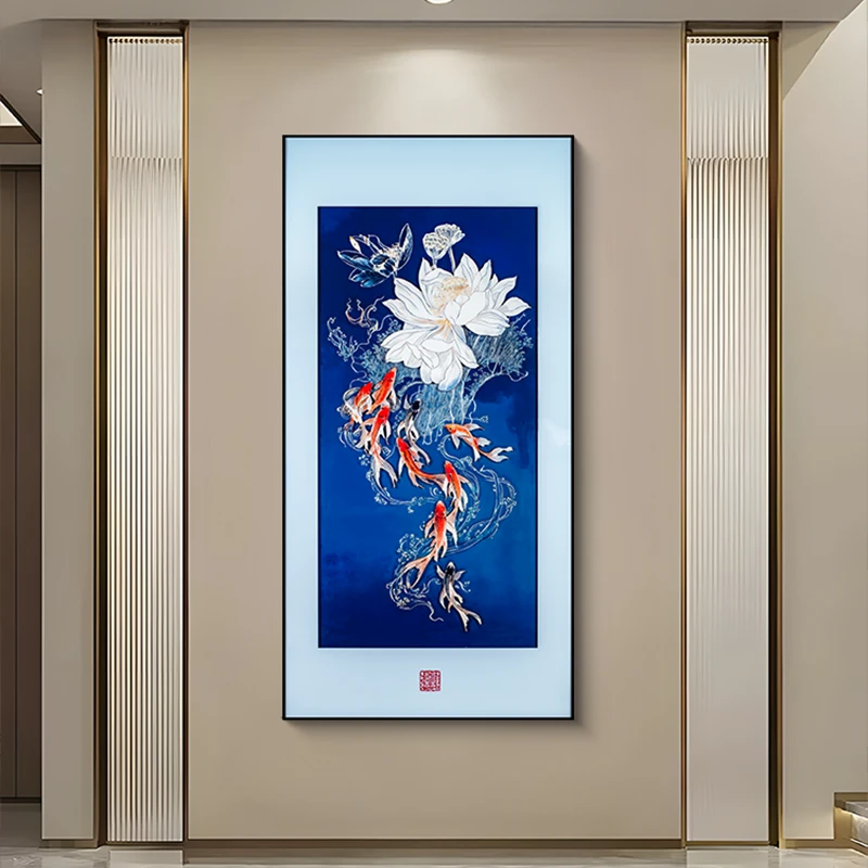 新中式九鱼图入门玄关荷花鲤鱼装饰画 挂画走廊画茶室客厅画80160