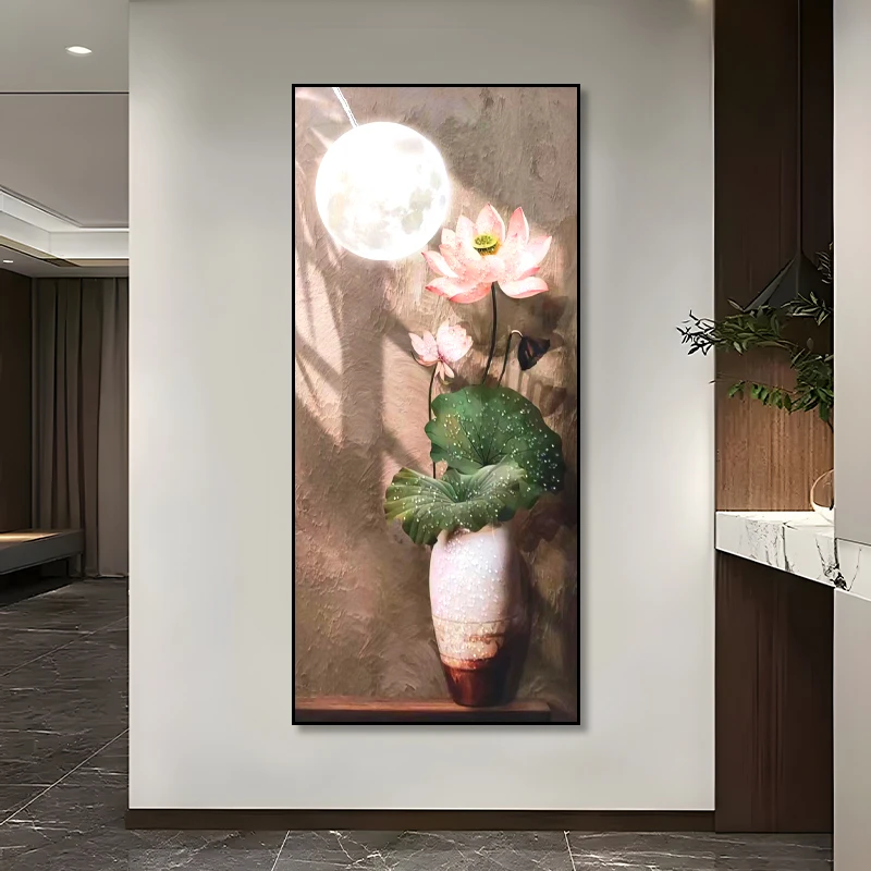 新中式玄关晶瓷镶钻装饰室内壁画竖版入户走廊过道荷花80160