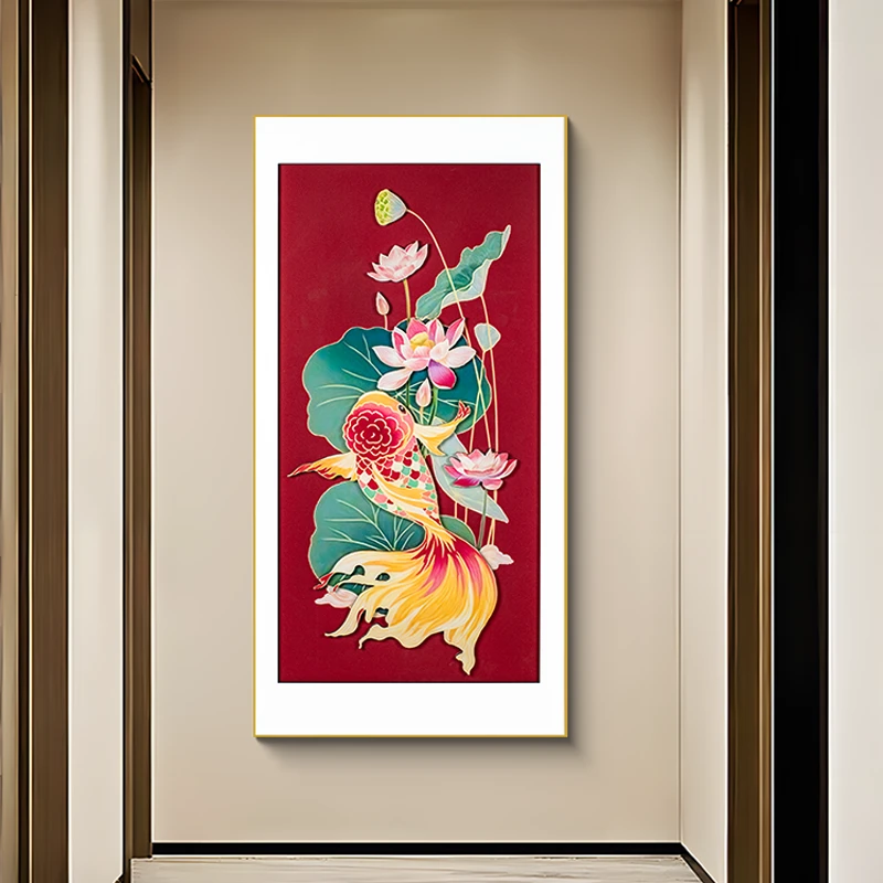 新中式玄关装饰画 入户高端正对门走廊画中国风壁画锦鲤80160