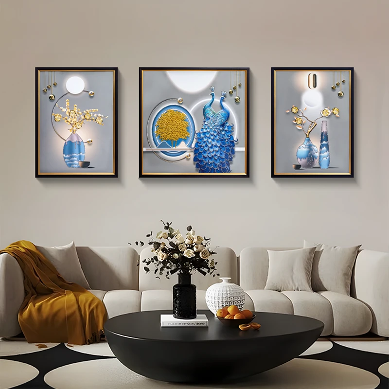 轻奢高货客厅镶钻装饰画孔雀现代沙发背景墙挂画富贵三联画80200