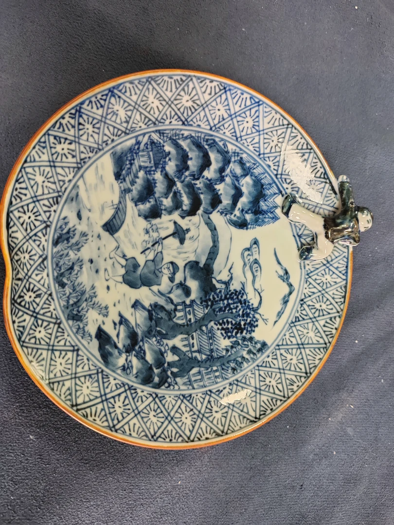 瑞松款手绘青花内绘闲人盘 01/31WJ手工麒麟