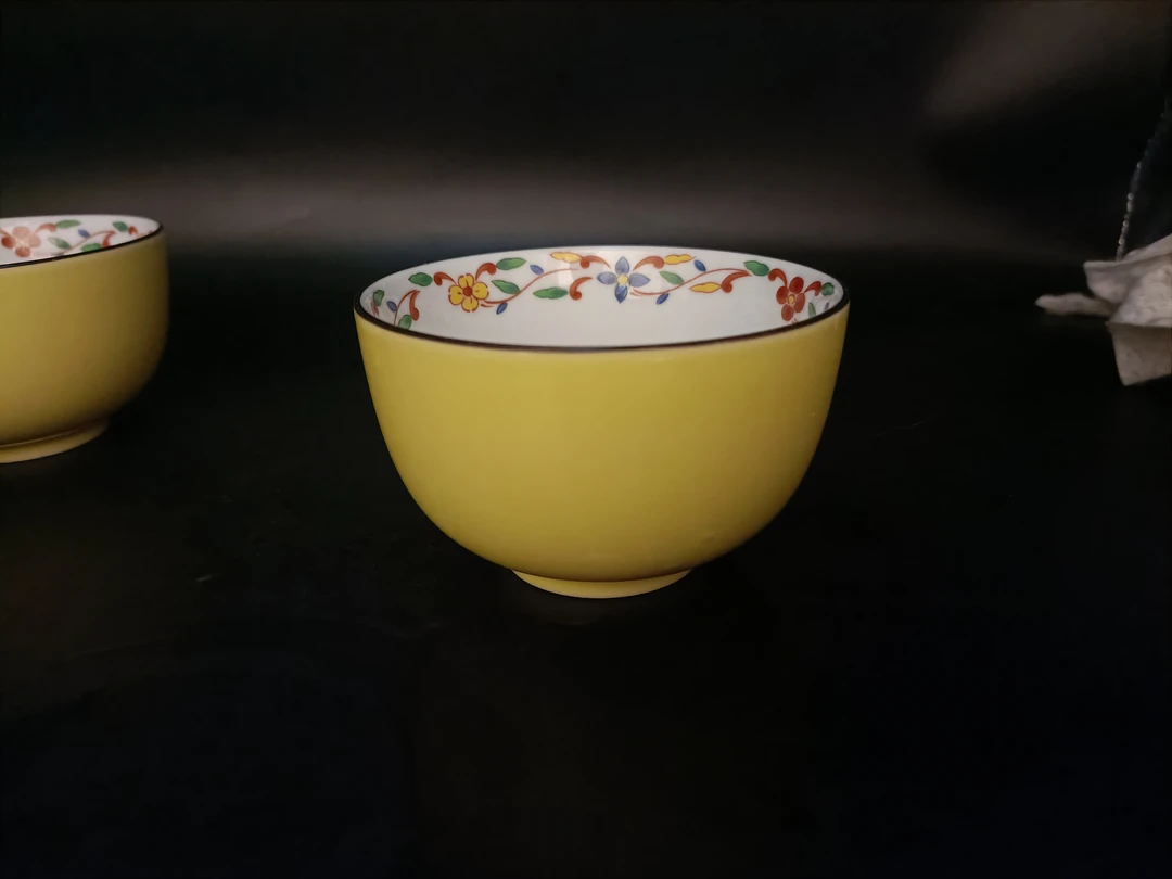 橘吉黄釉内绘杯01/93标为单价手工家用陶瓷茶杯手绘