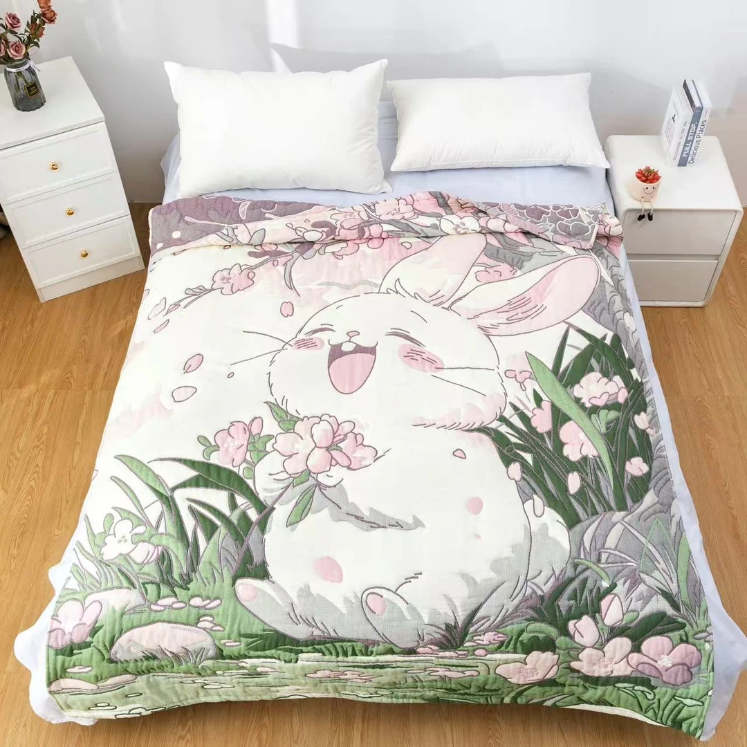 【樱花树下兔】150*200柔软舒适泡芙被亲肤棉纱四季通用盖被