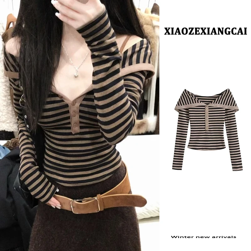 法式翻领一字肩长袖T恤女秋冬修身显瘦内搭露肩可外穿打底衫上衣