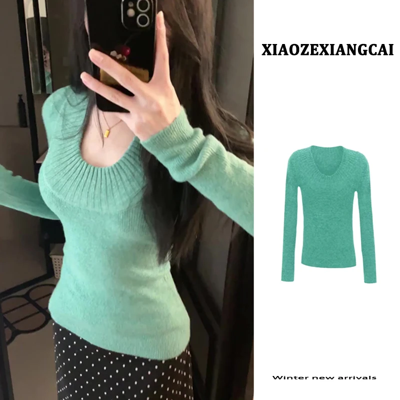 绿色U领长袖针织打底衫女秋冬季修身显瘦内搭可外穿套头毛衣上衣