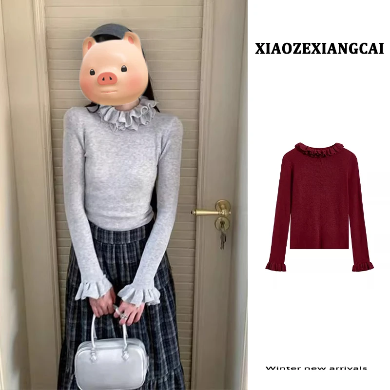 灰色半高领荷叶边针织打底衫女2024新款秋冬季修身内搭可外穿上衣