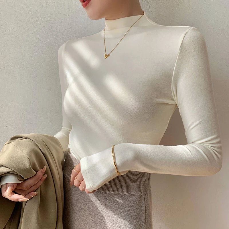 7047螺纹棉小立领高弹力打底衫女2024加绒加厚内搭长袖上衣女