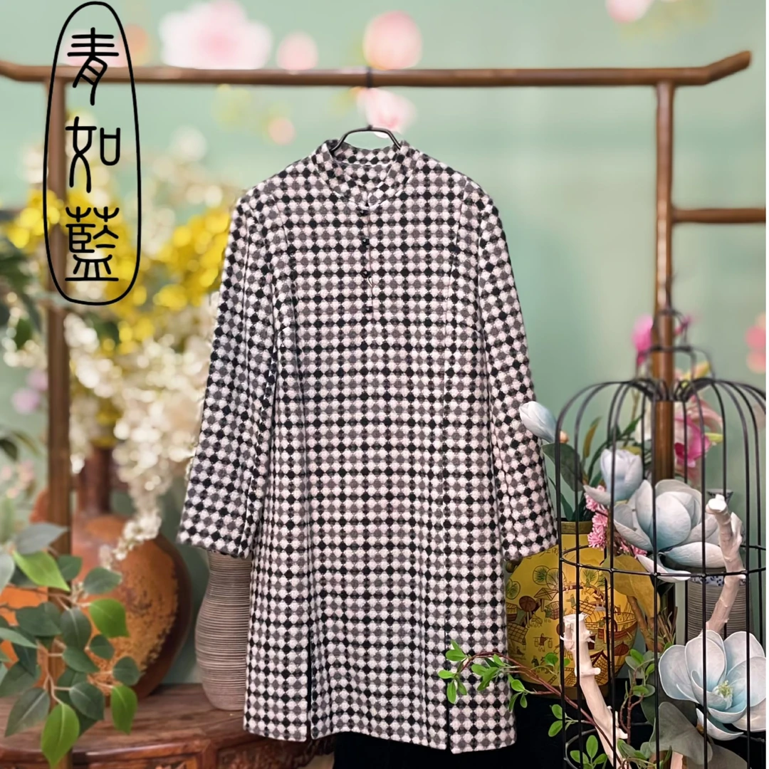 【青如蓝原创设计】秋冬复古格子连衣裙气质长袖翻领短款女装