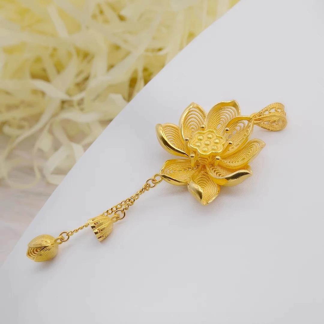 足金999古法流苏花丝素款莲花吊坠两世欢莲蓬莲花项坠国风荷花