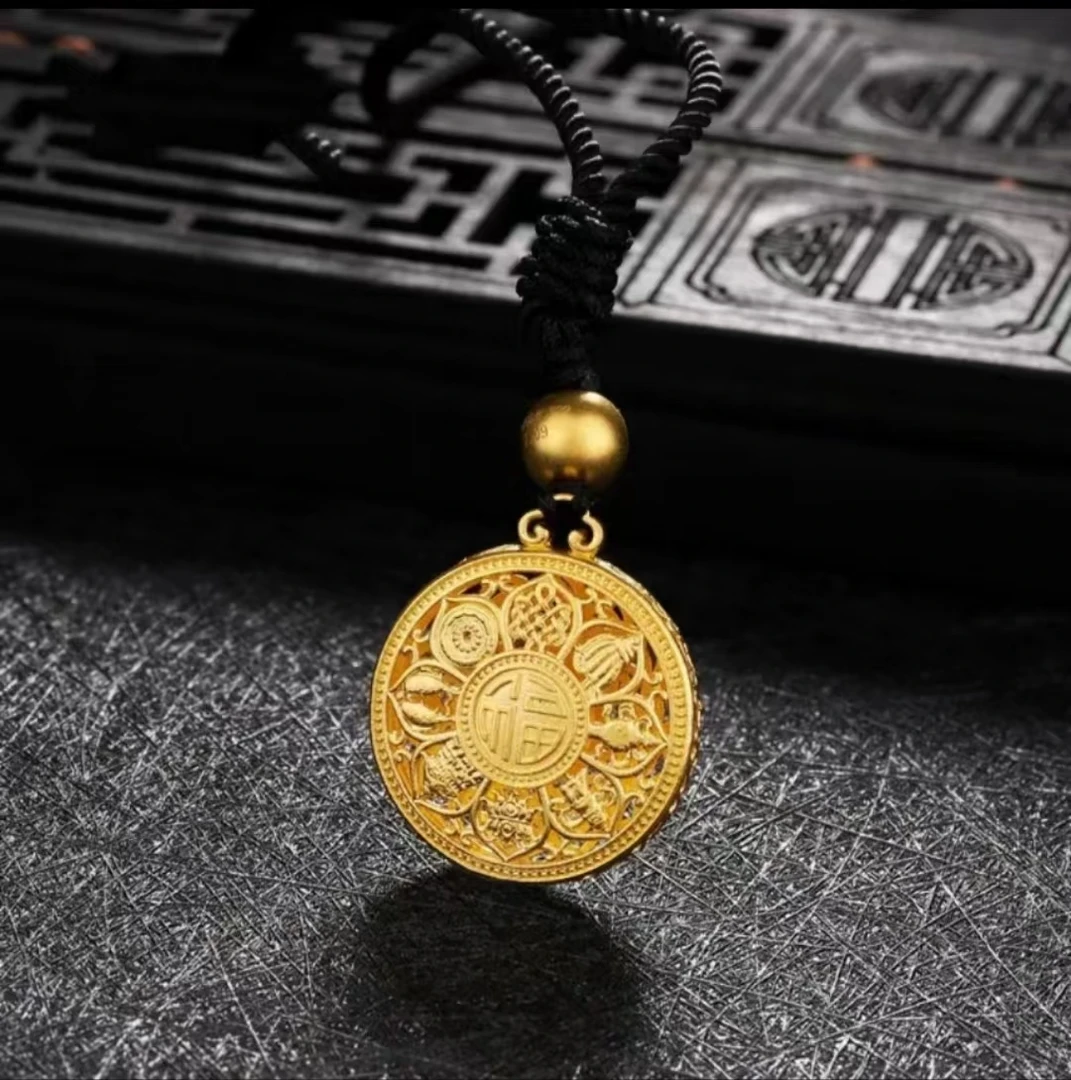 足金999 黄金八宝罗盘吊坠 传承 古法金平安传承复古福字牌 双面