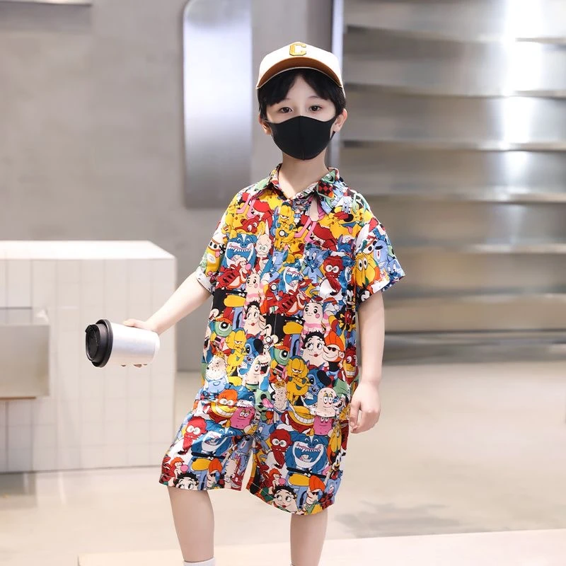 律动莫兰迪儿童卡通动漫套装2024新款棉绸衬衫沙滩两件套可居家