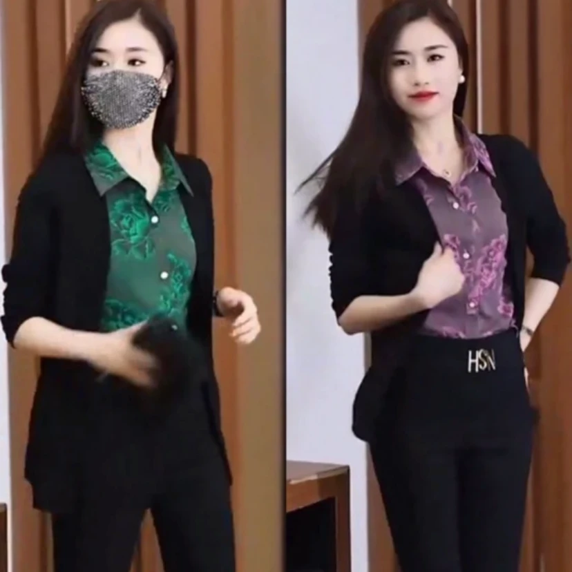 高档假两件衬衫女妈妈秋装拼接印花开衫长袖打底衫气质遮肚子上衣