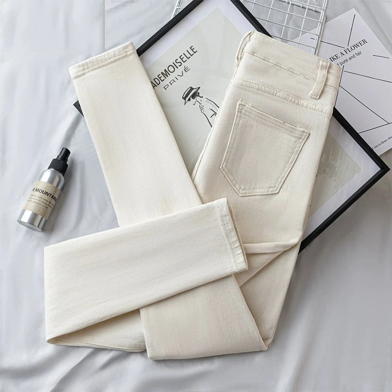 杏色弹力百搭小脚裤女2025冬季显瘦裤子高腰紧身小个子牛仔铅笔裤