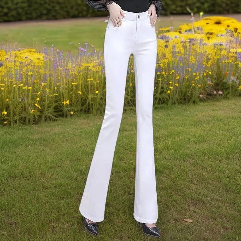 白色微喇牛仔裤女爆款2025加绒高腰弹力显瘦修身大码休闲喇叭裤女