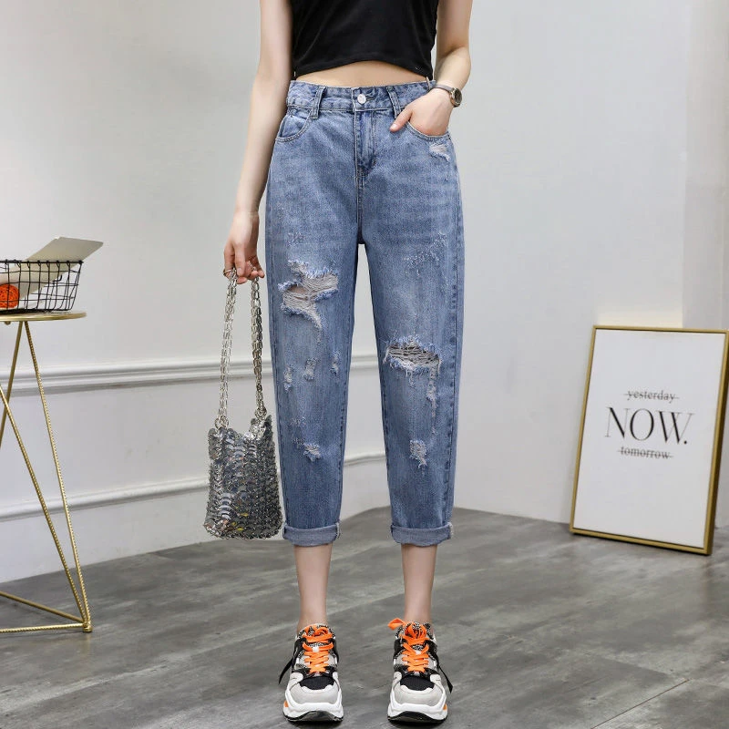 破洞女士牛仔裤女款老爹哈伦裤宽松显瘦秋季新款直筒高腰九分裤子