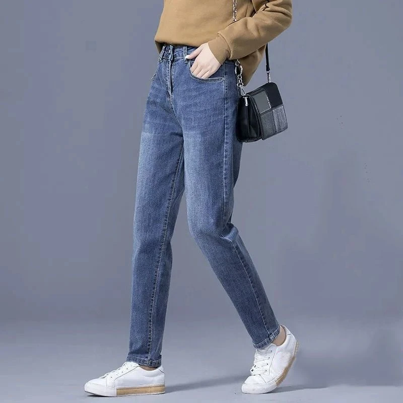 蓝色哈伦牛仔裤女2025冬季加绒高腰百搭老爹裤小脚九分萝卜女裤子
