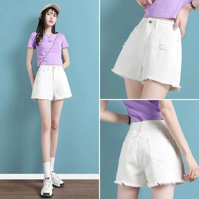 白色破洞牛仔裤短裤女夏薄2025薄款高腰宽松显瘦a字阔腿毛边热裤