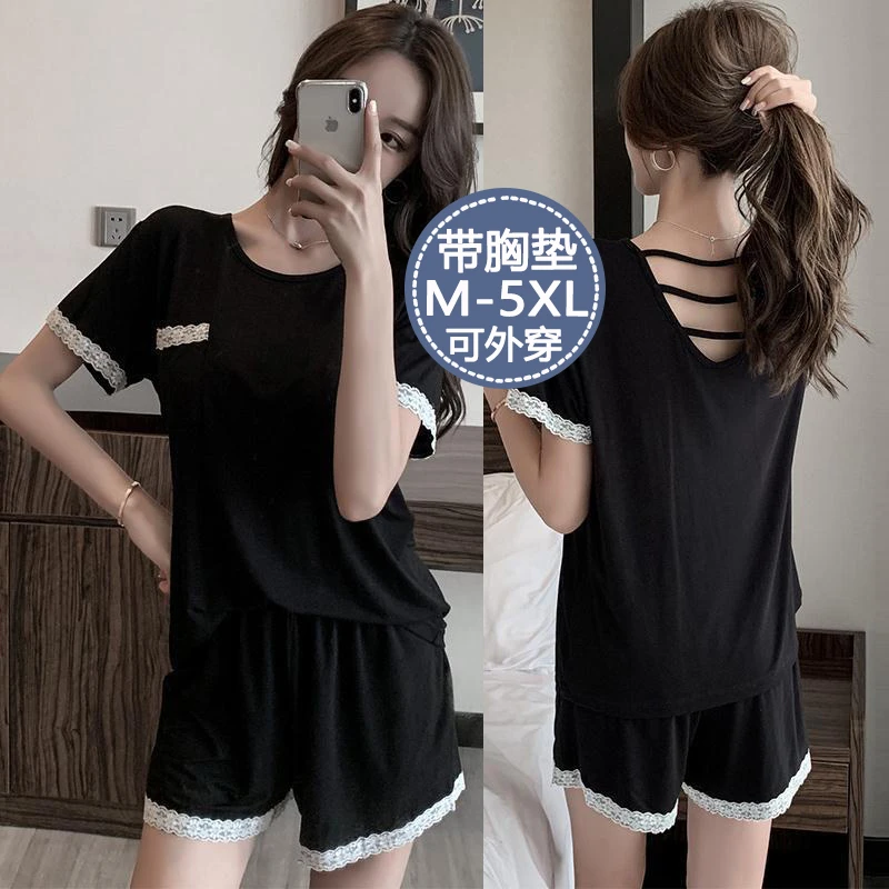 带胸垫睡衣女夏季亲肤舒适100%纯棉短袖短裤套装家居服可外穿套装