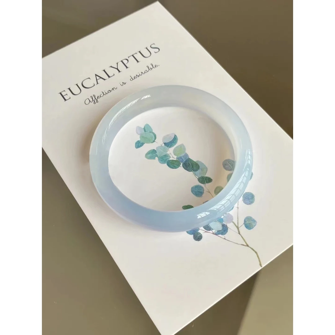 天然保真奶蓝冰种淡蓝玛瑙玉髓手镯女扁条古风气质少女年轻玉镯子