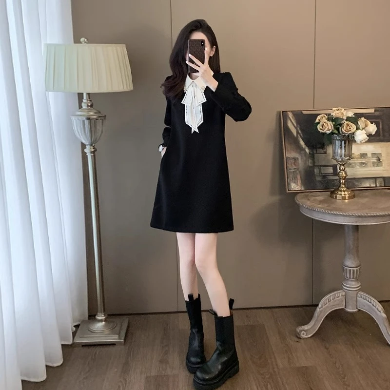 小香风黑色连衣裙女小个子高级感秋春季2025年会年会礼服小个子