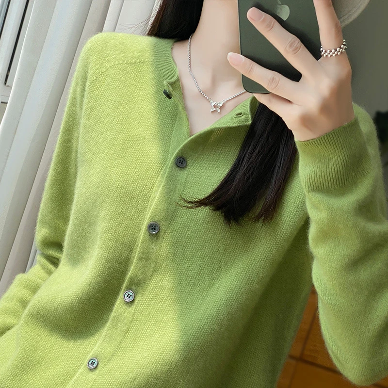 一线成衣~25秋冬新款100羊绒开衫女圆领宽松休闲百搭针织外套D019