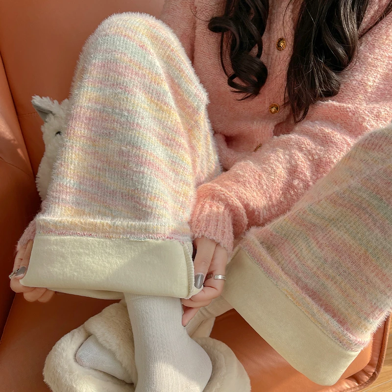 甜美百搭彩虹糯米裤女秋冬宽松高腰显瘦直筒裤休闲百搭加绒拖地裤