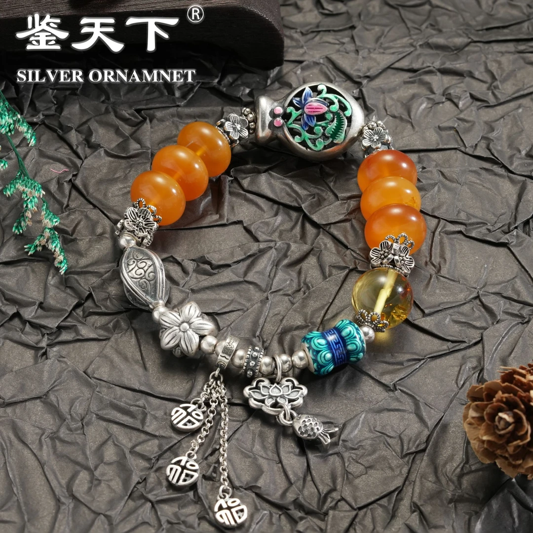 925银珐琅手链 【鉴天下】珐琅镂空鱼蓝色双头莲花桶珠手链06500120