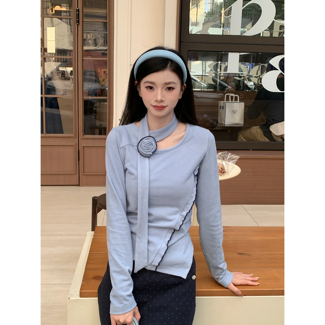 【人鱼公主】秋冬新款计感辣妹纯欲风显瘦修身挂脖飘带针织衫#1259