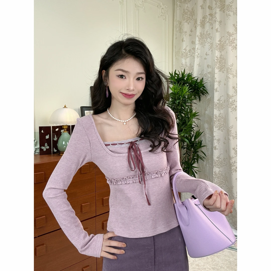 【心动buff】秋冬新款法式系带蝴蝶结拼接蕾丝假两件针织衫#7305